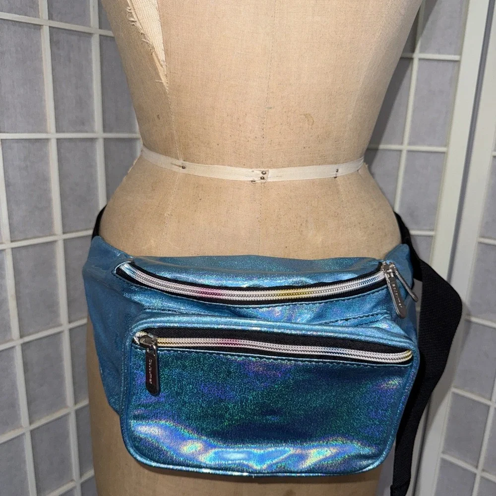 SoJourner Holographic Fanny Pack Belt Bag Blue Purse 90's Metallic Zip Pockets